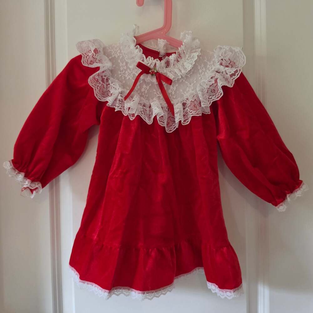 80s Vintage Red Velvet Lace Collar Christmas Dress 3T 🎀 Made is USA